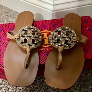 Tory Burch Tan Crystal Logo Thong Sandals